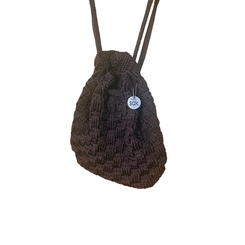 The Sak Vintage Crochet Drawstring Backpack Chocolate Brown Basketweave Knit Bag